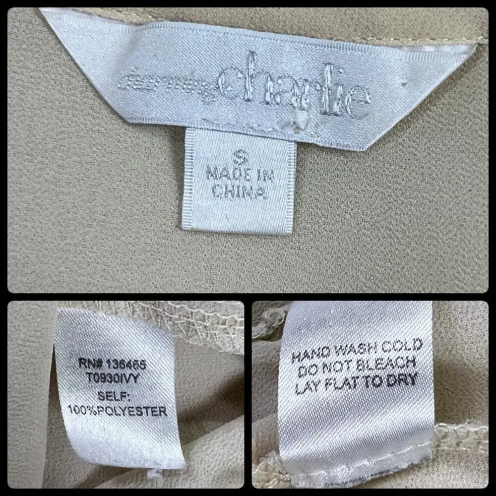 Charming Charlie Beige Semi Sheer Chiffon Crochet Lace Trimmed Blouse Top Small - Picture 7 of 12
